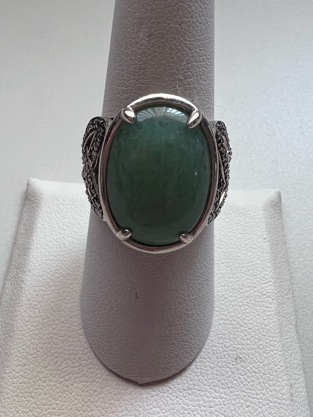 Ireland 925 Sterling Silver Celtic Knot Green Aventurine Marcasite Ring Size 8